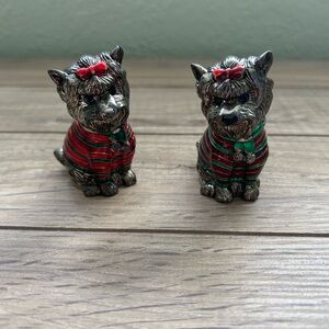 Neiman Marcus Silver Yorkie salt and pepper shaker’s with Festive Accents